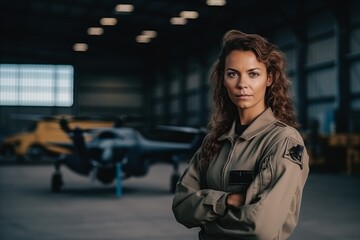 Portrait of confident female pilot standing with arms crossed in airplane hangar