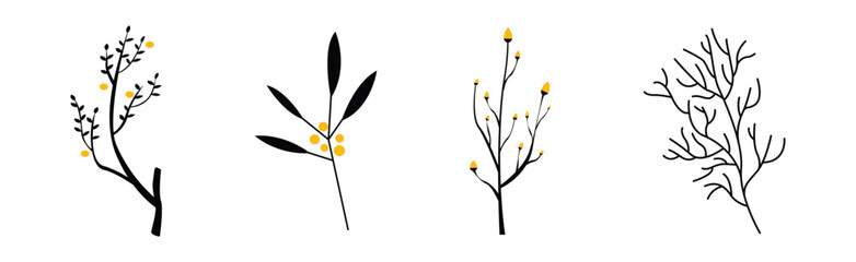 Black Herbs and Twig with Stem and Stalk Vector Set - obrazy, fototapety, plakaty