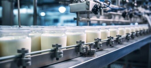 Automated dairy production line processing milk products. Industrial technology.