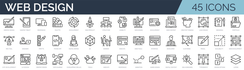 Set of 45 outline icons related to web design. Linear icon collection. Editable stroke. Vector illustration - obrazy, fototapety, plakaty