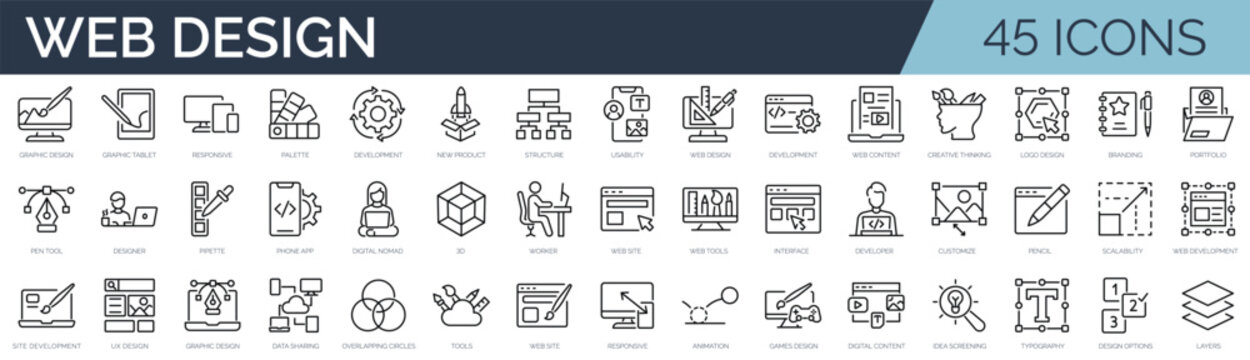 Set of 45 outline icons related to web design. Linear icon collection. Editable stroke. Vector illustration