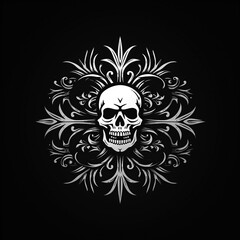 round logo emblem symbol with a white skull on black isolated background