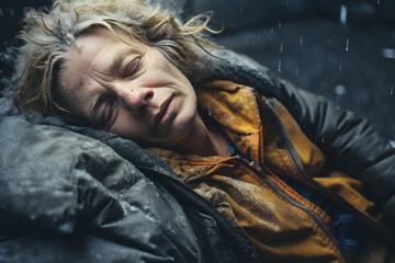 Homeless woman in winter clothes lies on the city street in frost and snowfall, frozen, drizzle, drunk, alcohol - obrazy, fototapety, plakaty