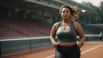 plus size sportswoman running on stadium track - obrazy, fototapety, plakaty