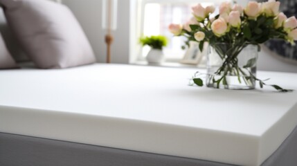 close up of White memory foam mattress topper on bed