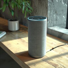 Altavoz inteligente de diseño elegante sobre una mesa de madera en un ambiente hogareño y soleado