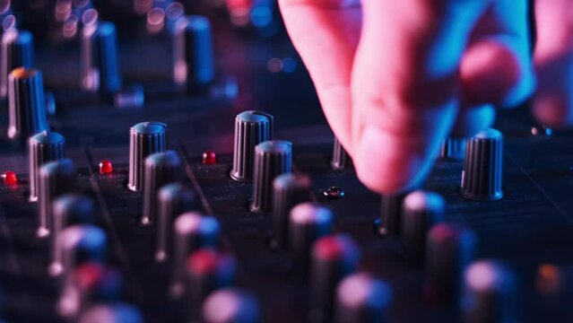 Adjust volume controls on the audio mixer in neon light close-up. Sound engineer moving faders level. Male hand working on mixing console in colorful background. DJ plays music at night club party. 4K