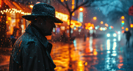 Obraz premium Mysterious man in trench coat and fedora standing under the rain at night, evoking noir film aesthetics