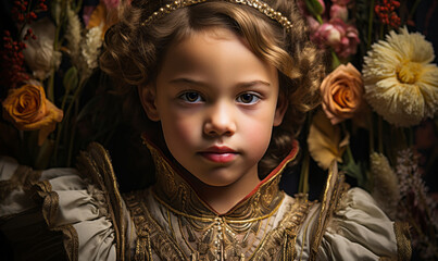 Regal Child in Renaissance Attire with Intricate Gold Embroidery, Surrounded by Tulips in a Classical Portrait - obrazy, fototapety, plakaty