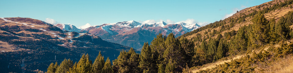 Mountain landscape in autumn. View of mountain slopes on a sunny day, Pyrenees, Andorra, Europe....
