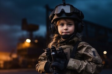 Portrait of a cute little girl in a military uniform with binoculars