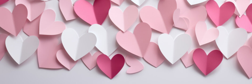Fototapeta Paper cut pink and white hearts background, love and romantic wallpaper for Valentin's day, wedding celebration