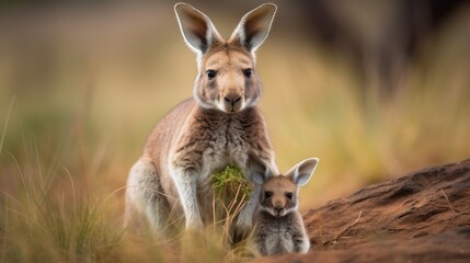 Fototapeta premium a gray kangaroo mom enjoying a meal of grass, her joey nestled comfortably