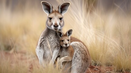 a gray kangaroo mom enjoying a meal of grass, her joey nestled comfortably in her pouch - obrazy, fototapety, plakaty