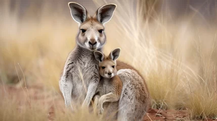 Zelfklevend Fotobehang a gray kangaroo mom enjoying a meal of grass, her joey nestled comfortably in her pouch © Pretty Panda