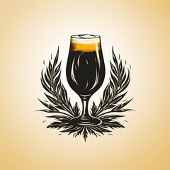 vintage logo emblem symbol of a glass of golden foamy beer with malt and hops on yellow background