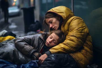 Homeless woman and child are sleep sitting on a city street on the asphalt in cold, damp, dank winter weather.