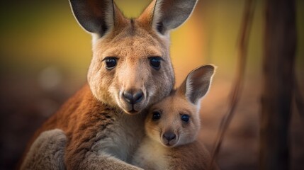 A mother kangaroo tenderly carrying her joey in the safety of her pouch