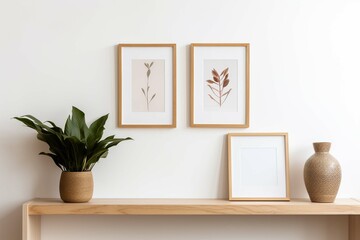 Fototapeta na wymiar Scandinavian room interior with mock up photo frame on the brown bamboo shelf with beautiful plants in differents hipster and design pots. White walls