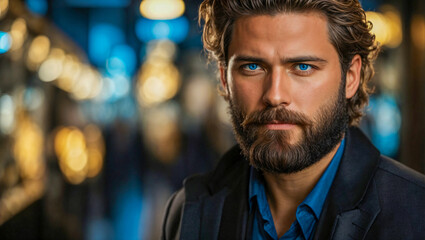 portrait of a handsome bearded man with bright blue eyes and dark hair