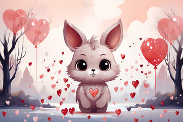 cute cartoon character hare bunny rabbit in forest on festive background with pink hearts balloons. Greeting card for celebrating Valentine's Day