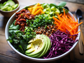 A vibrant Buddha bowl filled with various colorful and delicious food items.