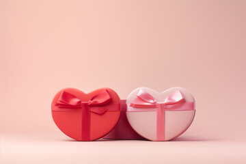 wrapped valentine's day gift and bow tied on pink background with red ribbon copy space. Valentines day love hearts