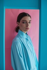 A young girl with a human face stands against an indoor wall, wearing a teal blue shirt that resembles a dress, creating a portrait that exudes a sense of elegance and poise