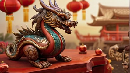 Chinese dragon statue with red lanterns in background, closeup