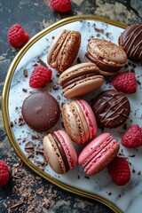 Indulge in a decadent spread of finger food, with rich chocolate cookies and juicy raspberries adorning a beautiful plate, the perfect combination of sweetness and satisfaction