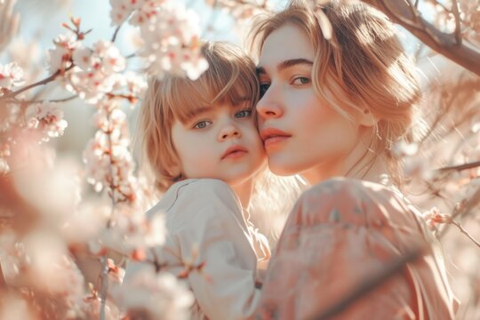 A tender moment captured as a woman and child embrace under a blooming tree, their faces radiating love and joy in the midst of a spring day