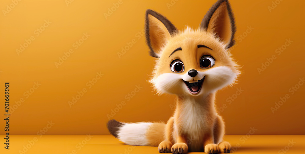 Sticker cute cartoon character fox on orange isolated background with copy space