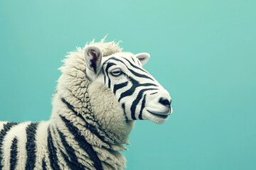 Sheep with zebra stripes on pastel blue background. Ai generative art - obrazy, fototapety, plakaty