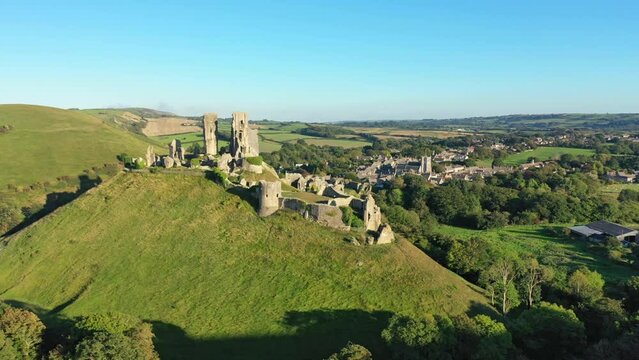 Aerial view of historic Corfe Castle in Dorset, England