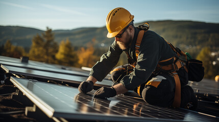 Man worker fixes solar panels on a metal basis. Solar power engineer installing solar panels on the roof. Generative Ai.