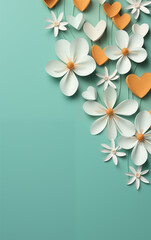 Fototapeta na wymiar White flowers and yellow hearts on turquoise background. Holidays card with copy space.