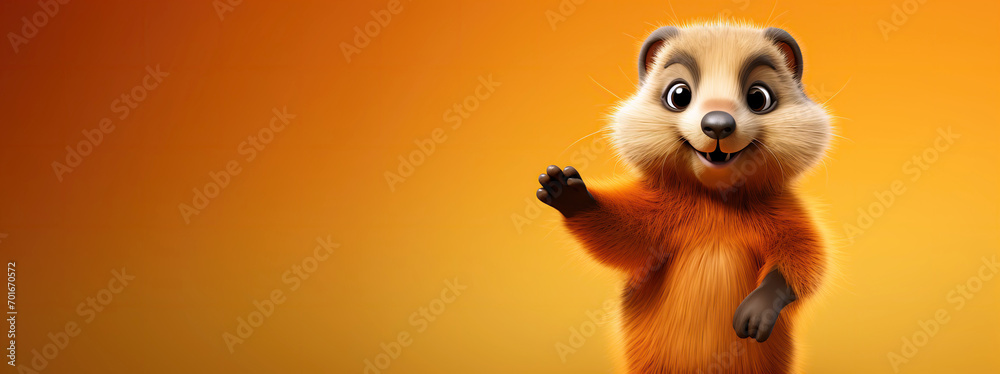 Sticker cute cartoon character happy beaver points paw at copy space on an orange isolated background