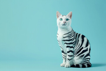 Obraz premium Cat with zebra stripes on pastel blue background. AI generative art
