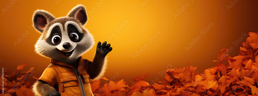 Wall mural cute cartoon character happy raccoon points paw at copy space on an orange isolated background