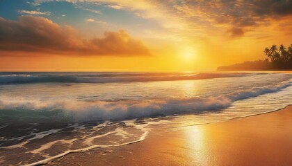 Tropical beach seascape golden orange sunset Calm noise of sea waves