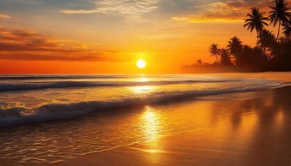 Fototapeta na wymiar Sunset Rhapsody: Calm Noise of Sea Waves Serenading a Tropical Beach