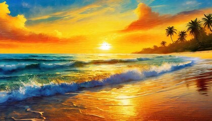 Fototapeta na wymiar Coastal Harmony: Illustrated Seascape with Golden Orange Sunset for Chinese New Year