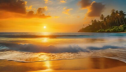 Radiant Retreat: Orange Sunset Seascape by the Tropical Shore
