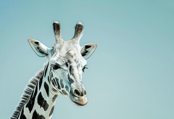 Obraz premium Giraffe with zebra stripes on pastel blue background. Ai generative art