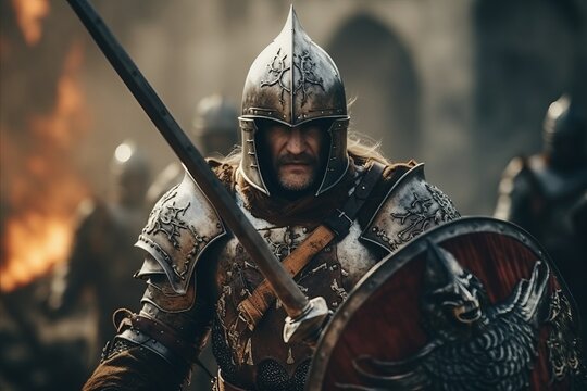 Portrait of medieval knight in armor and helmet on the battlefield.