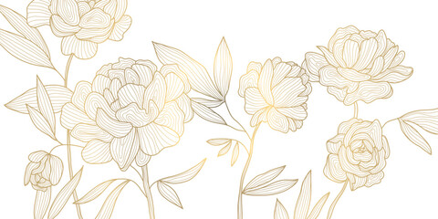 Vector gold line flower pattern, luxury art background. Leaves and peonies abstract wallpaper, texture plant ornament, wedding illustration © marylia17