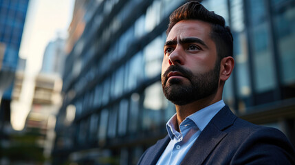 Fototapeta premium Confident Arab businessman staring into the distance in front of a modern office building, thinking about a successful future