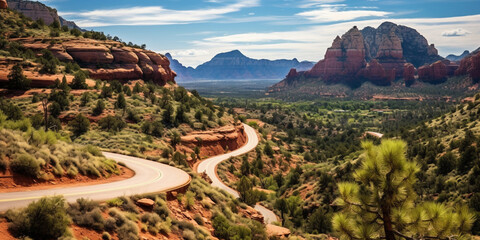 Colorado Plateau image .Traffic on highway next to bell rock and courthouse .Roadrunner .The Coyote’s After You .
