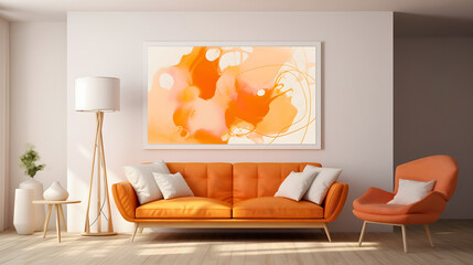 Minimalistic indoors living room interior design in white and orange colors. Decorative vase placed next to the window, standing lamp near the comfortable gray sofa full of pillows, framed wall art