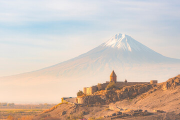 Closeup of Ararat mountains with the Khor Virap monastery at fall. Travel destination Armenia - obrazy, fototapety, plakaty